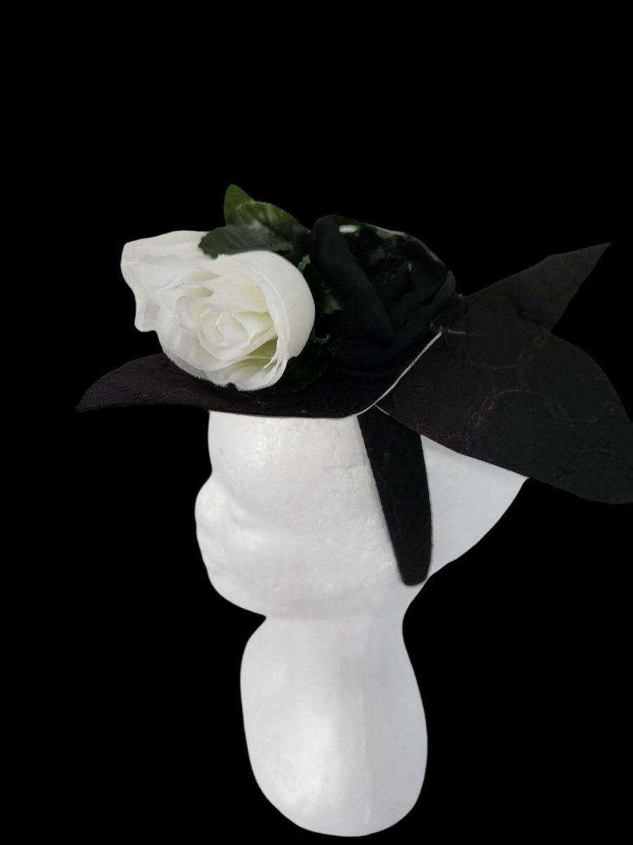 Black Satin White Rose Women Headpiece view 6