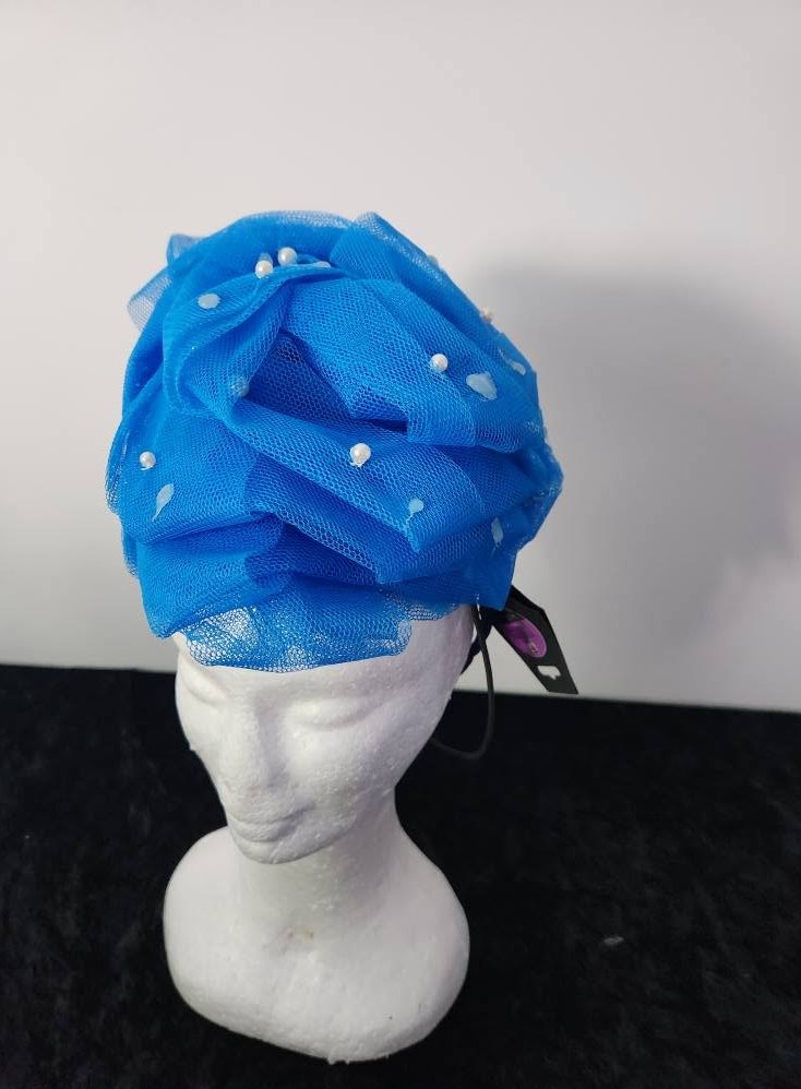 Blue Tulle Pearl Turban Women Headpiece