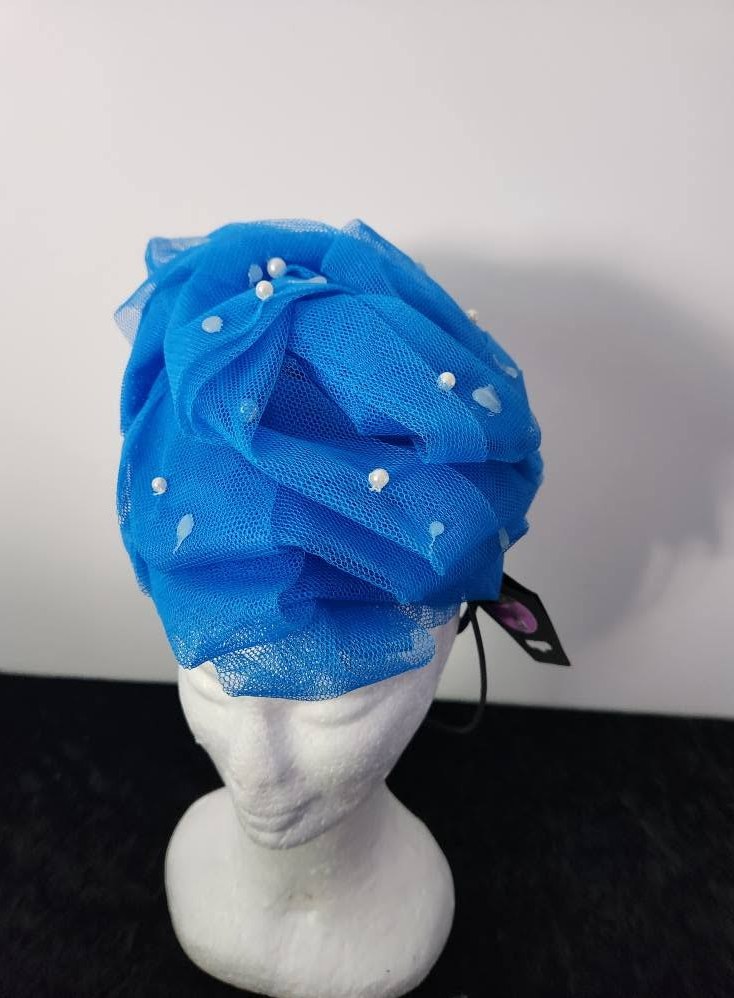 Blue Tulle Pearl Turban Women Headpiece view 2