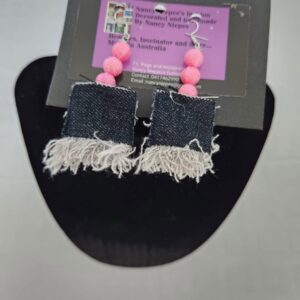 Denim Fringe Pink Bead Earrings