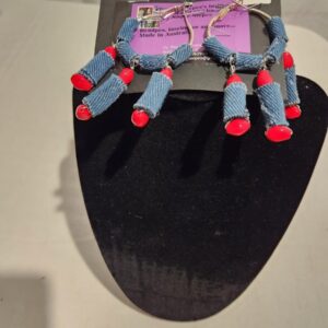 Denim Hoop Red Bead Earrings