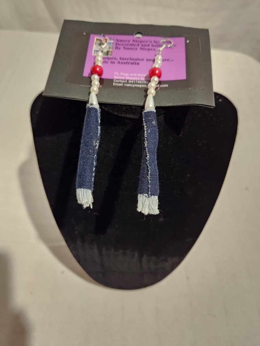 Denim Long Tassel Earrings view 2