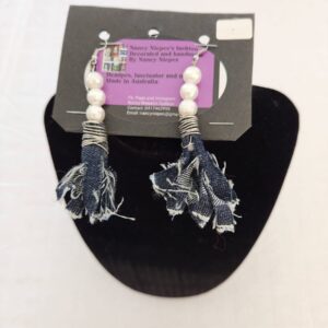 Denim Tassel Pearl Earrings