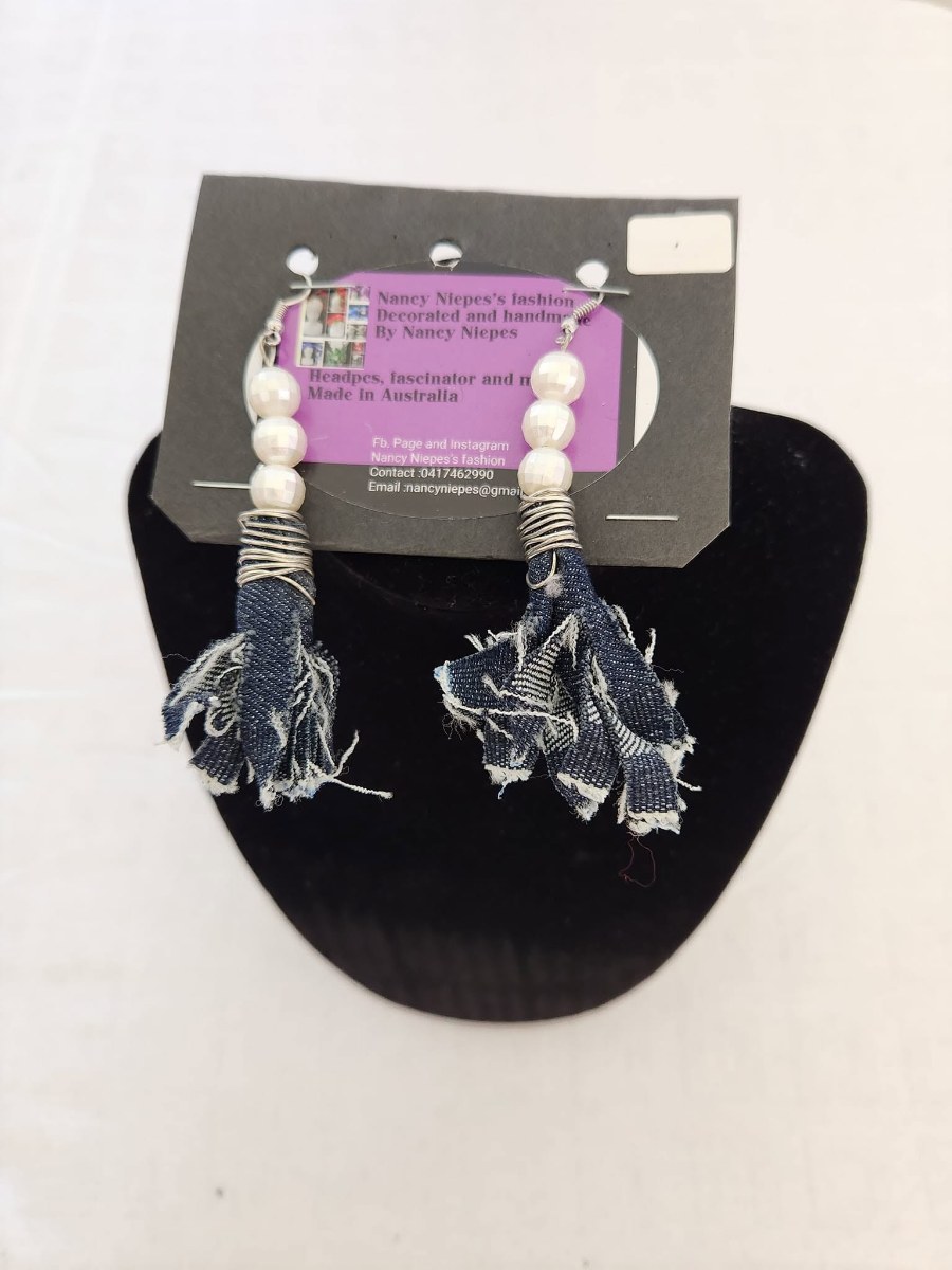 Denim Tassel Pearl Earrings