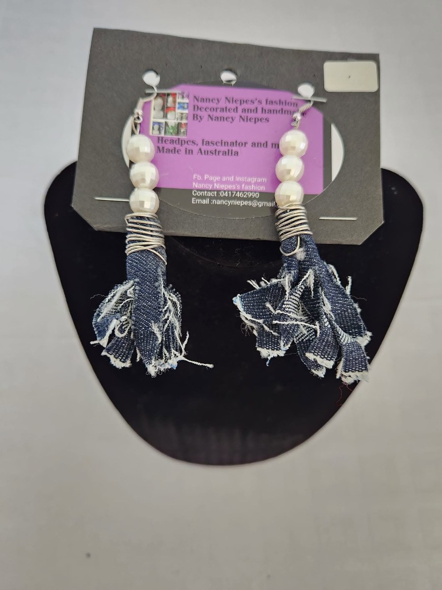 Denim Tassel Pearl Earrings view 2