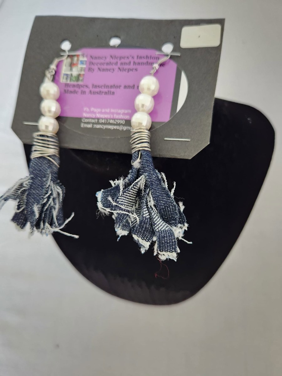 Denim Tassel Pearl Earrings view 3