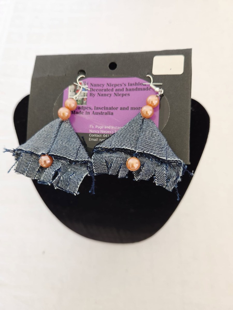Denim Triangle Fringe Earrings view 2