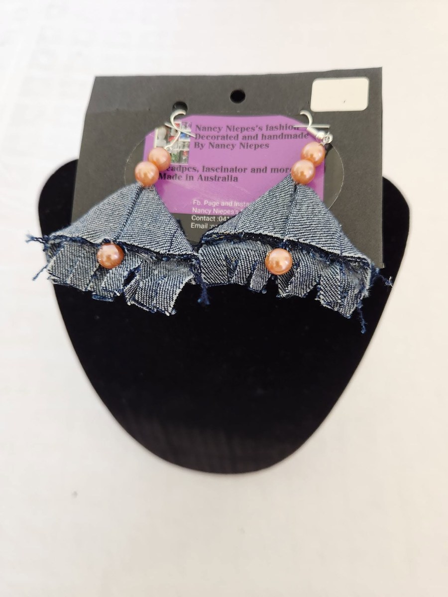Denim Triangle Fringe Earrings view 3