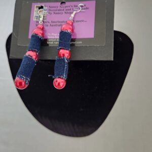 Denim Tube Red Bead Earrings