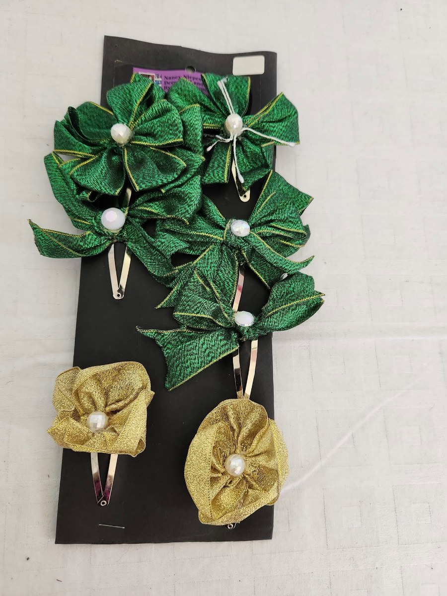 Green Gold Bow Hair Clips Set view 2