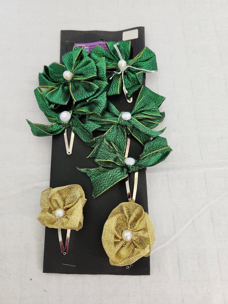 Green Gold Bow Hair Clips Set view 3