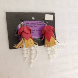 Red Gold Leather Flower Pearl Earrings