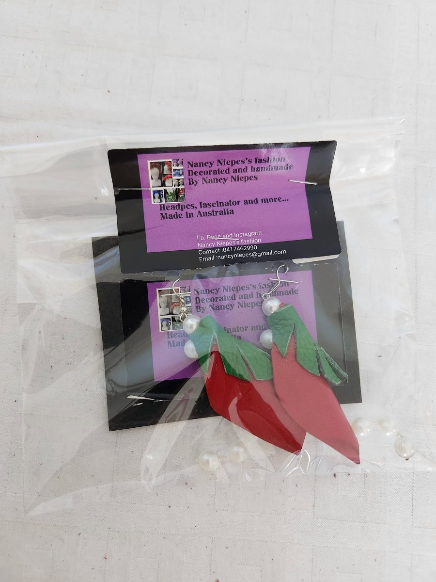 Red Green Leaf Leather Earrings