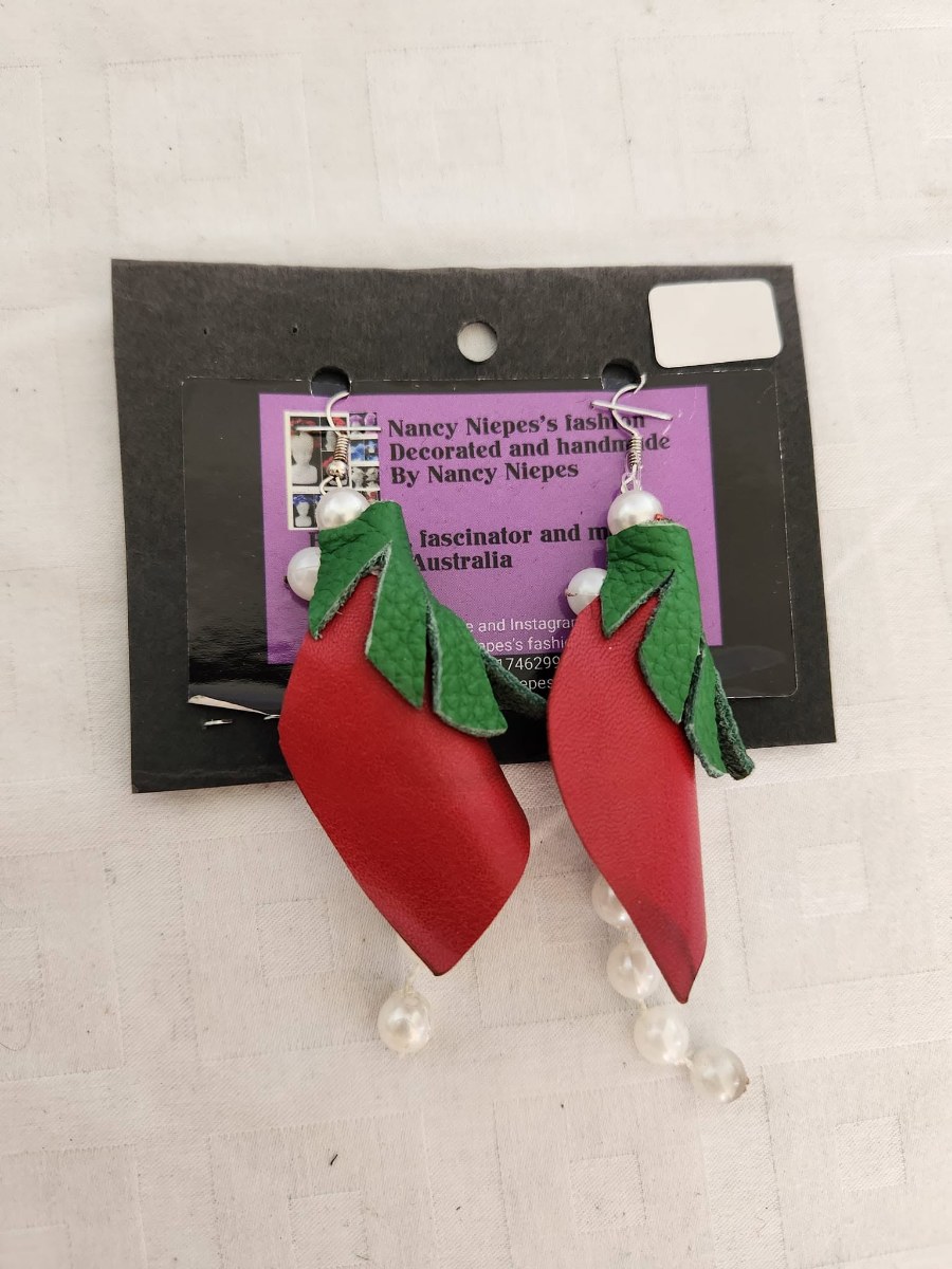 Red Green Leaf Leather Earrings view 2