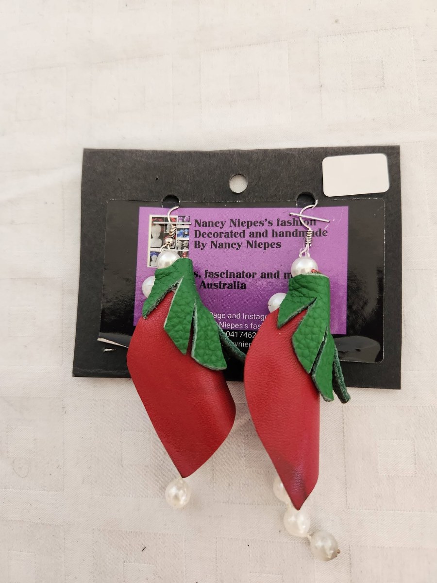 Red Green Leaf Leather Earrings view 3