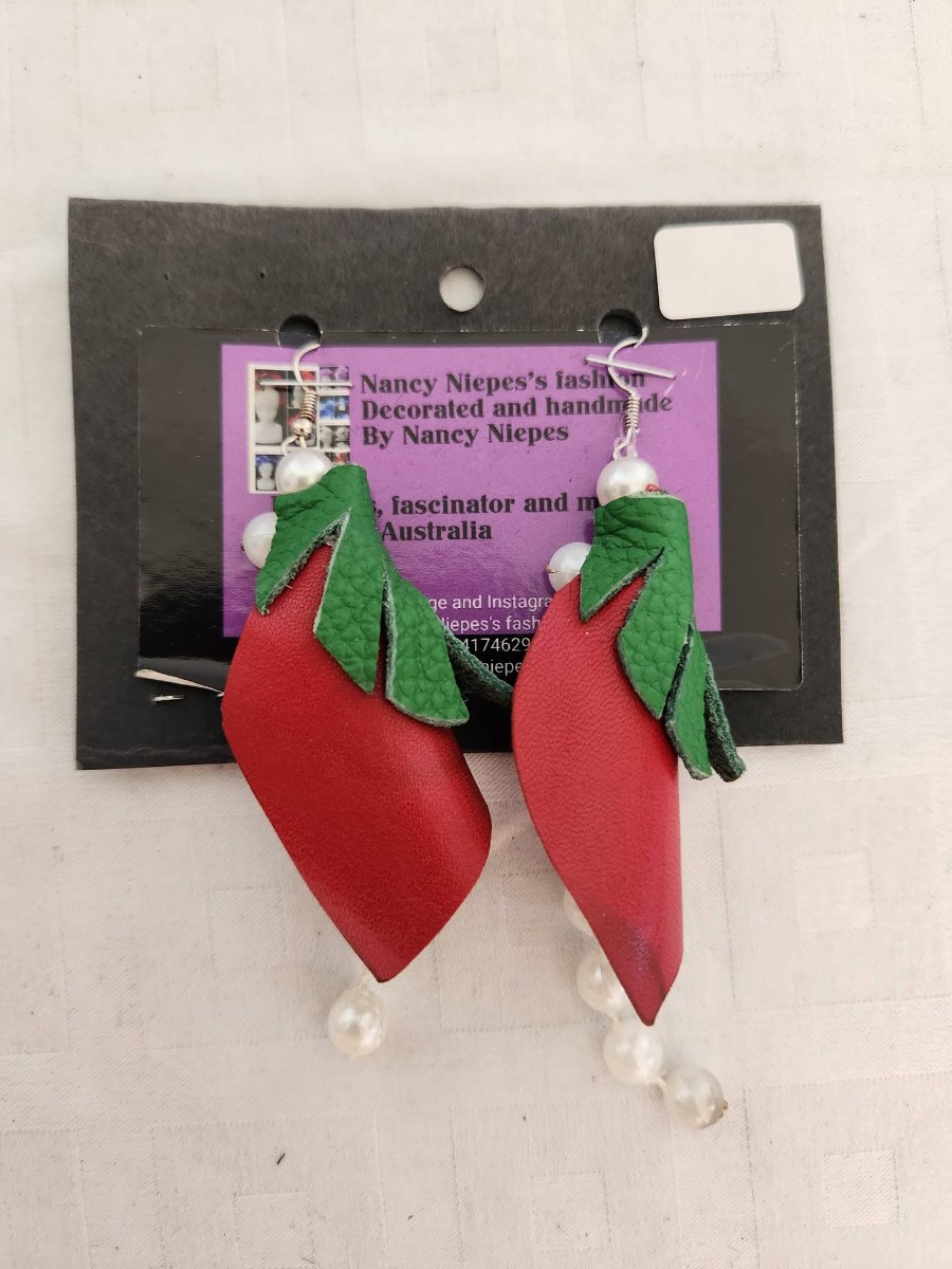 Red Green Leaf Leather Earrings view 4