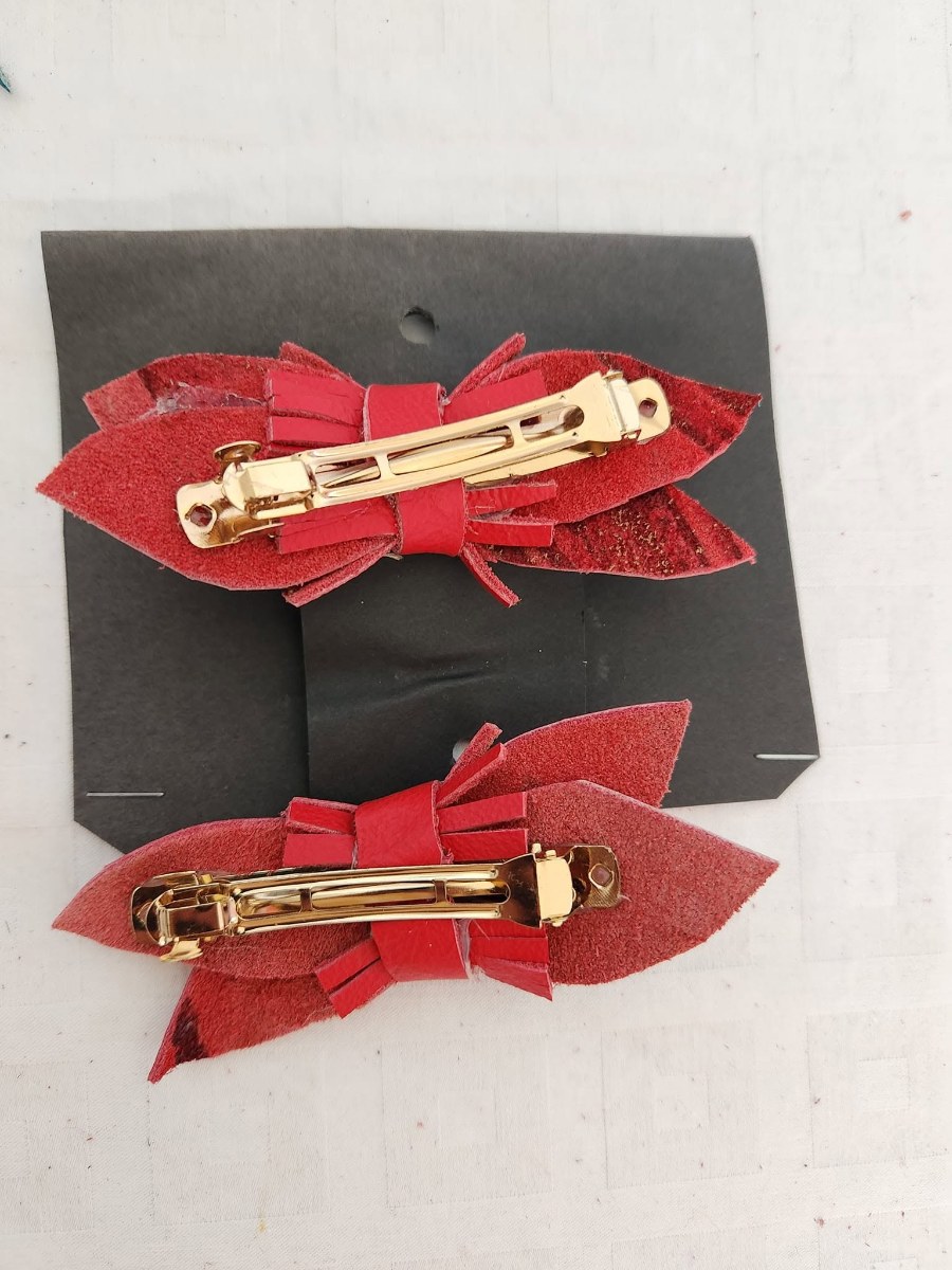 Red Leather Bow Hair Clips