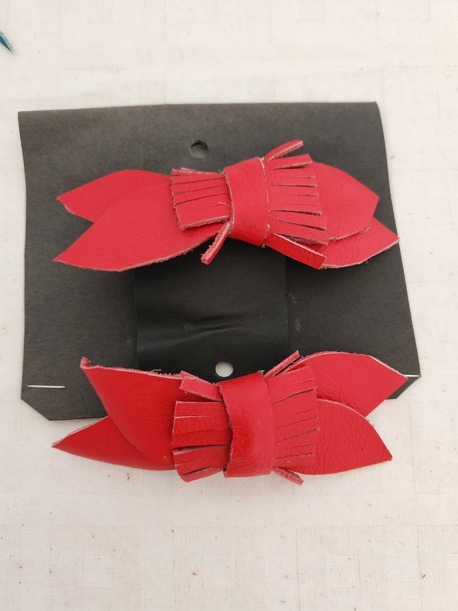 Red Leather Bow Hair Clips view 2