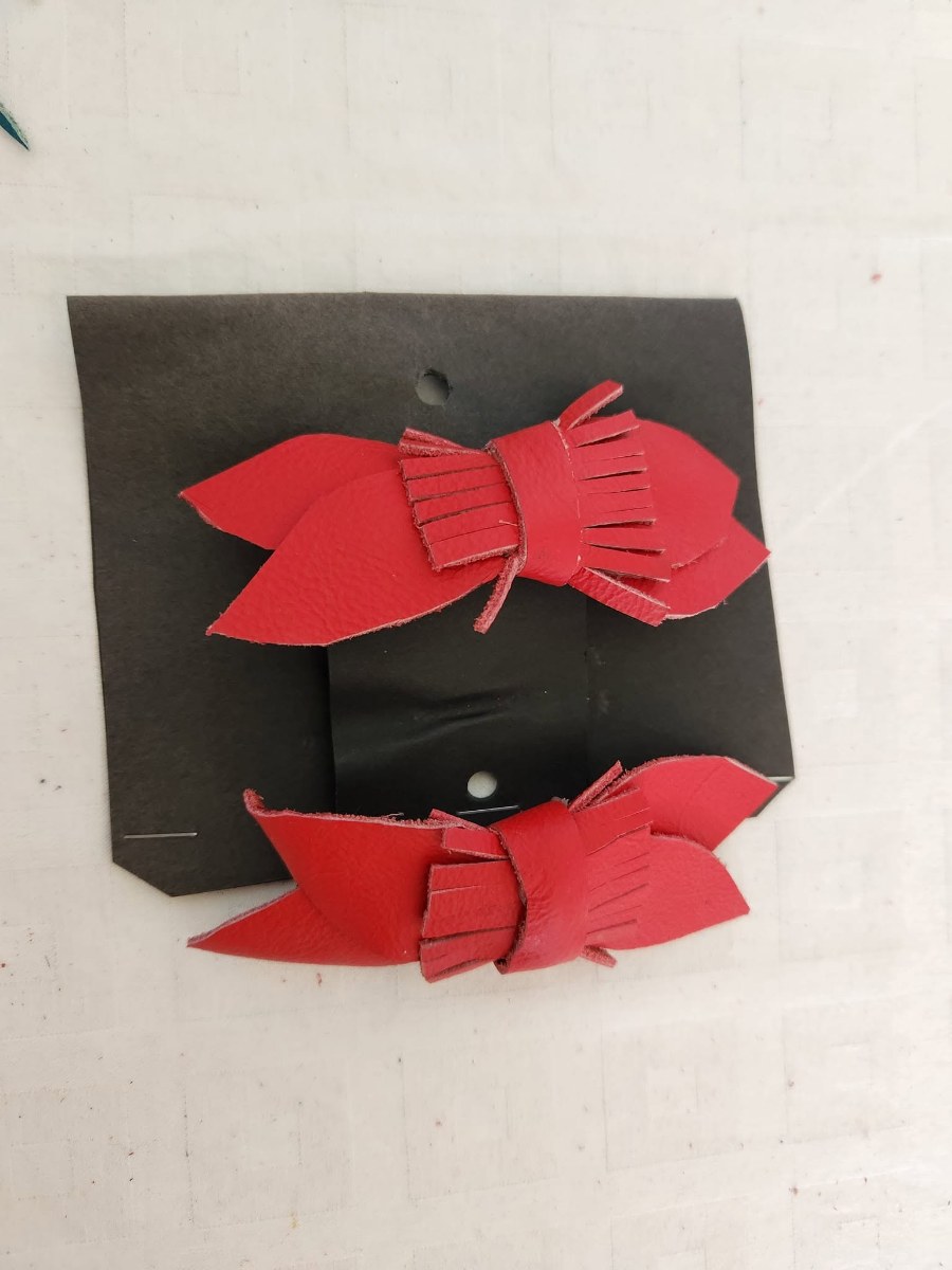 Red Leather Bow Hair Clips view 3