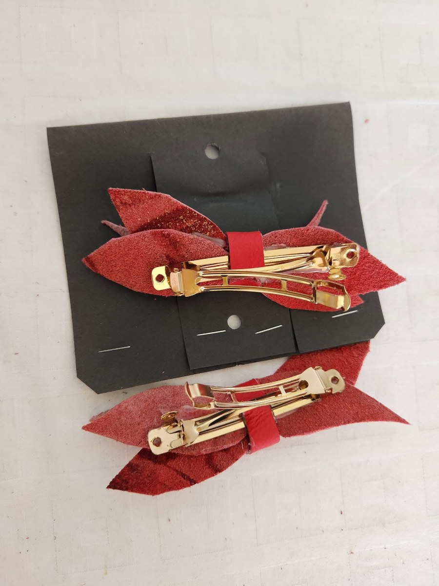 Red Leather Bow Hair Clips view 5