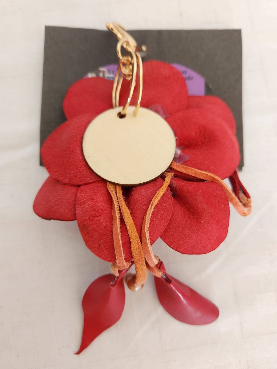 Red Leather Flower Tassel Bag Charm