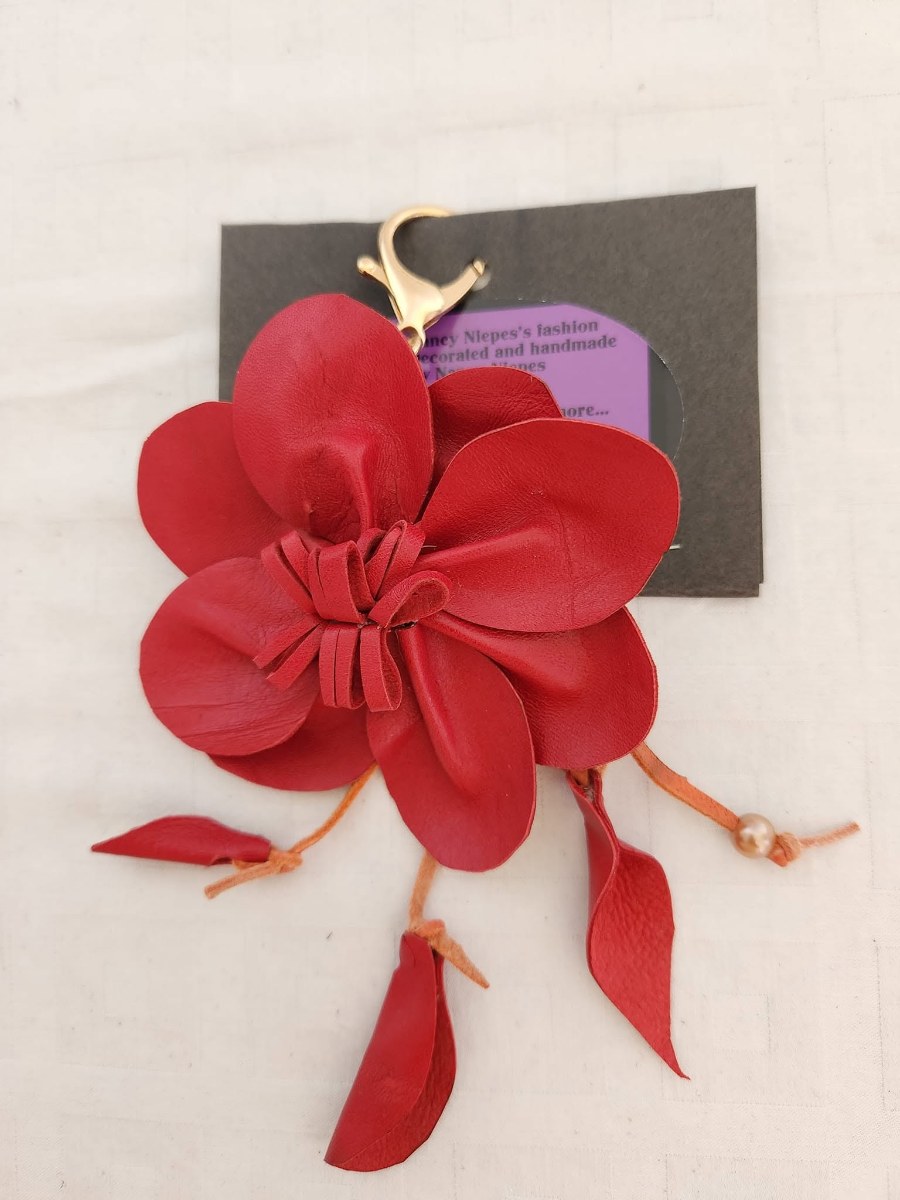 Red Leather Flower Tassel Bag Charm view 2