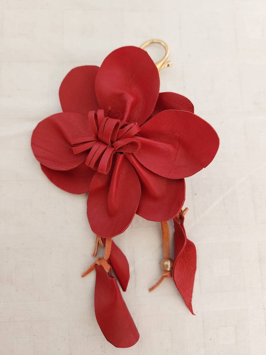 Red Leather Flower Tassel Bag Charm view 3