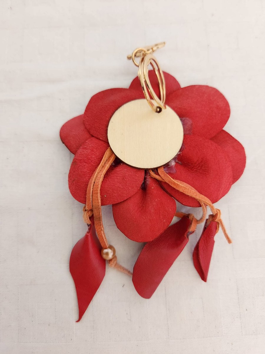 Red Leather Flower Tassel Bag Charm view 4
