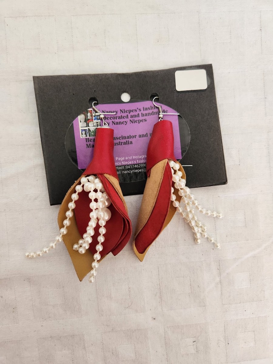 Red Leather Pearl Drop Earrings