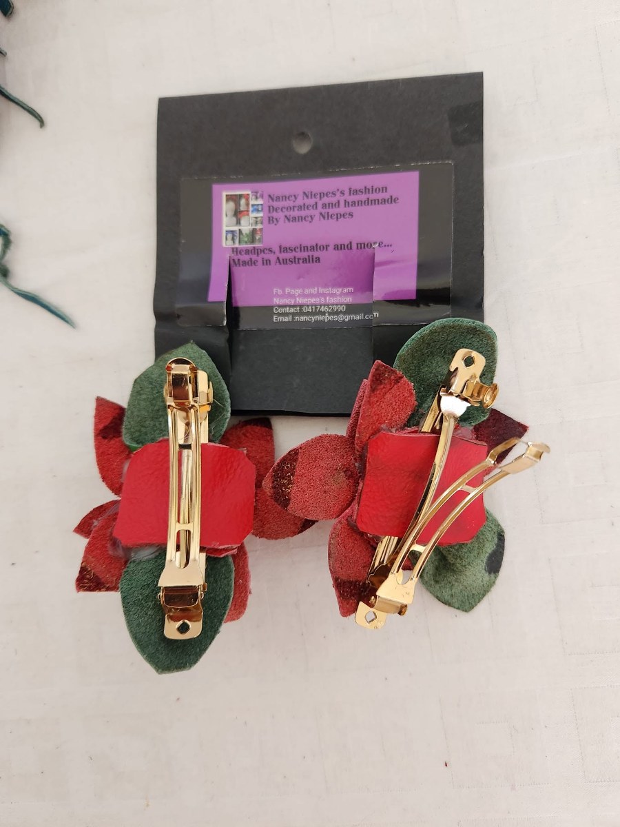 Red Poinsettia Leather Hair Clips