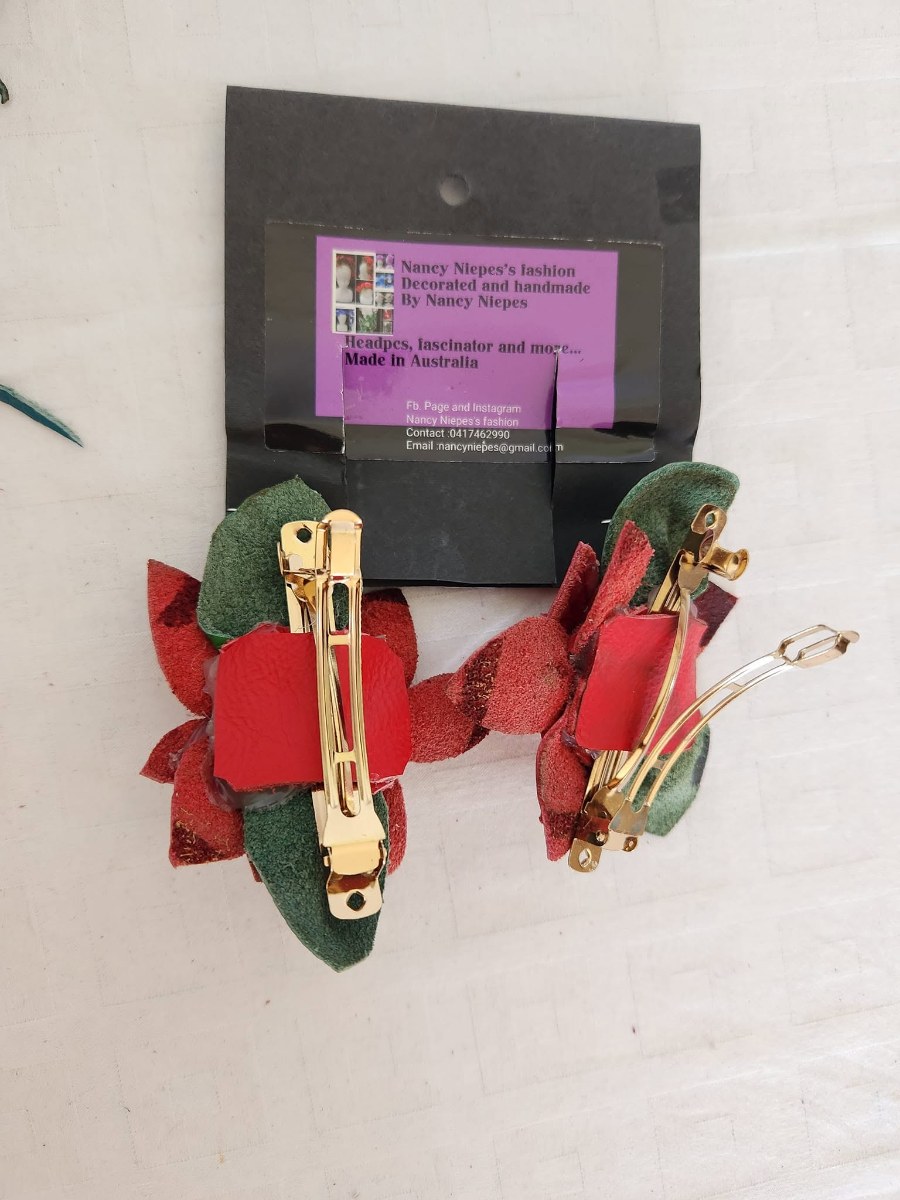 Red Poinsettia Leather Hair Clips view 2