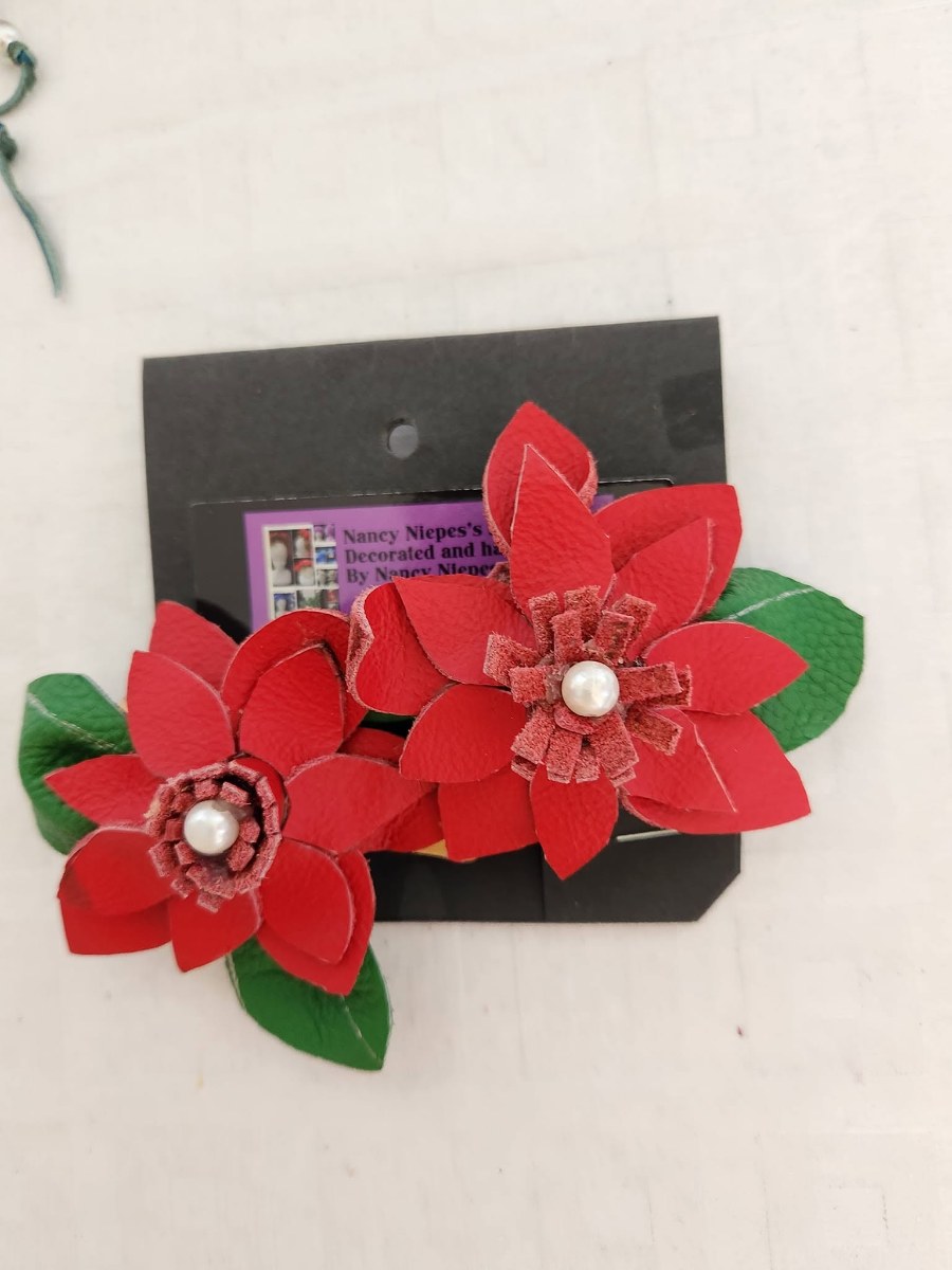 Red Poinsettia Leather Hair Clips view 3