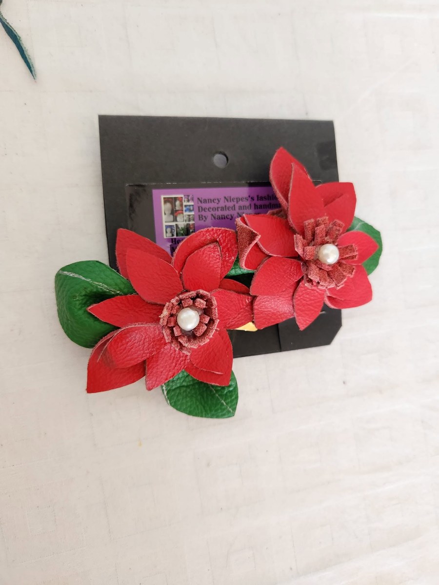 Red Poinsettia Leather Hair Clips view 4