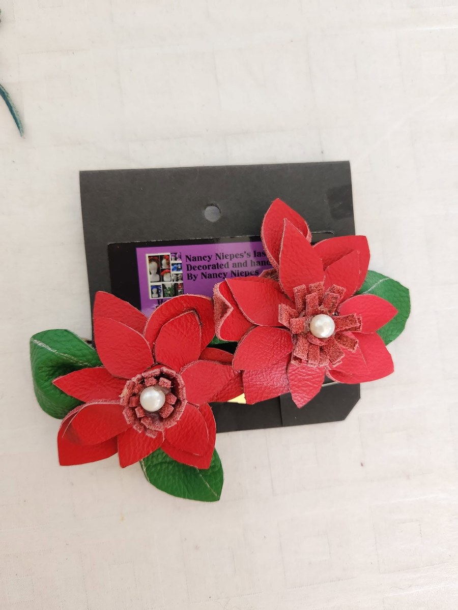 Red Poinsettia Leather Hair Clips view 5