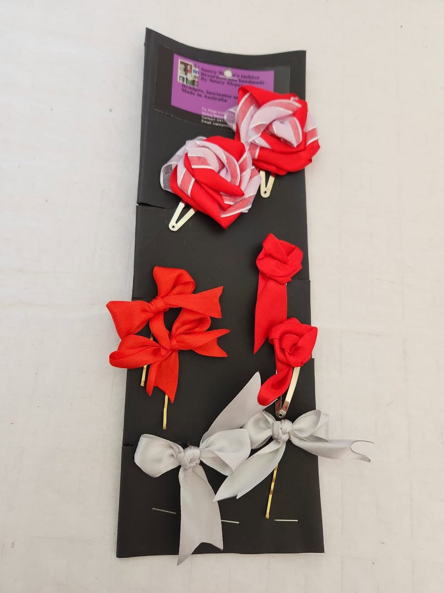 Red White Rose Silver Bow Hair Clips Set