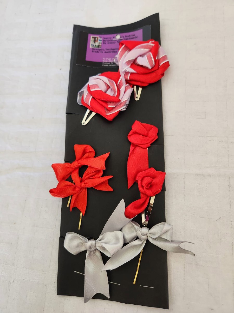 Red White Rose Silver Bow Hair Clips Set view 2
