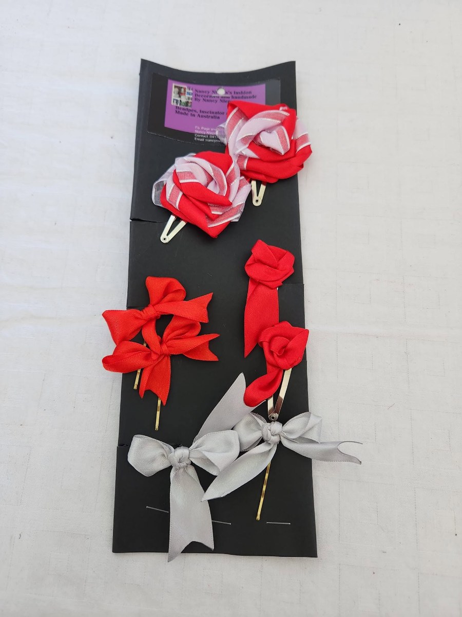 Red White Rose Silver Bow Hair Clips Set view 3