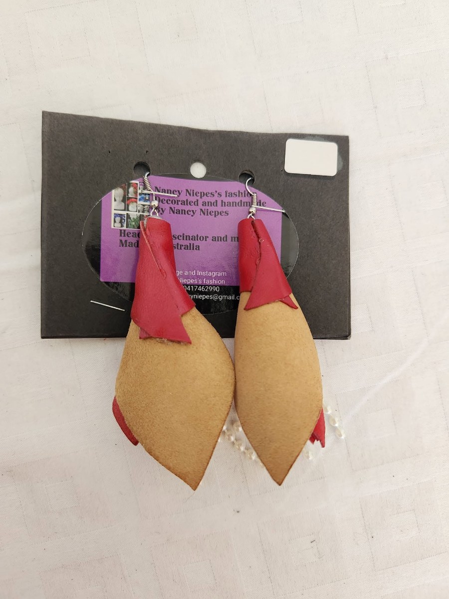 Tan Leather Leaf Earrings view 2