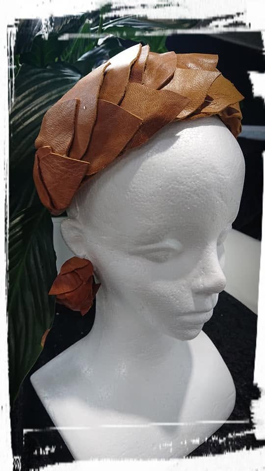 Tan Woven Leaf Leather Women Headband view 3