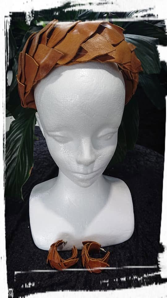 Tan Woven Leaf Leather Women Headband view 5