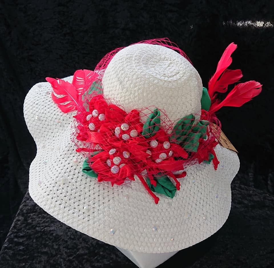 White Red Floral Women Hat view 3